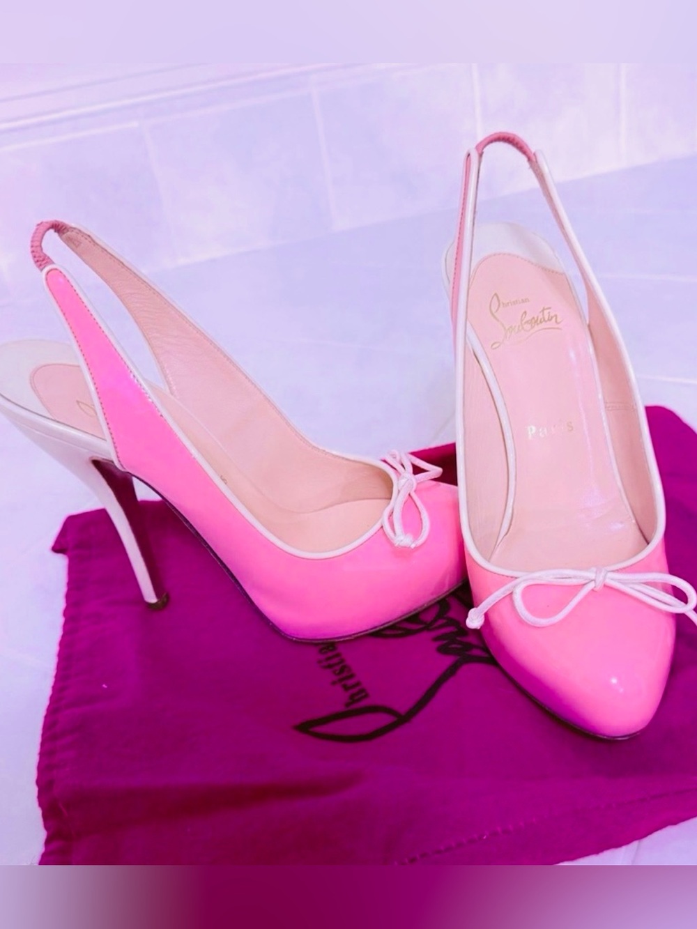 Christian Louboutin “Georgineta”Pink and White Patent Heels